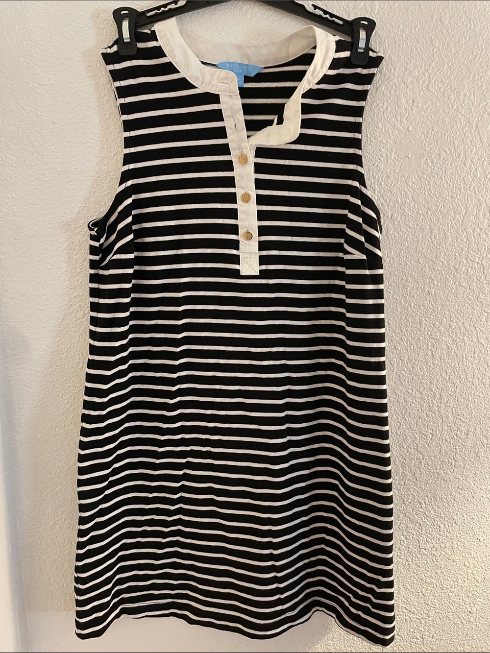Draper James Black & White Striped Satin-Trim Button Dress